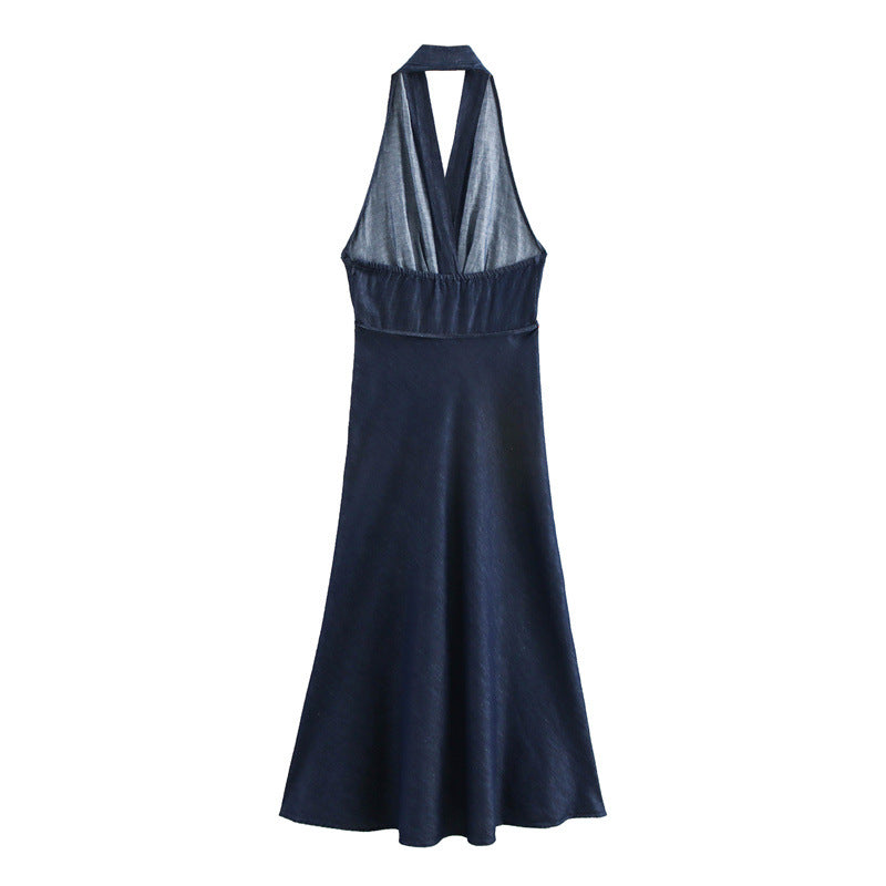 Priviett - Hanging neck collar long denim dress