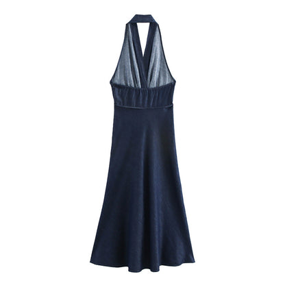 Priviett - Hanging neck collar long denim dress