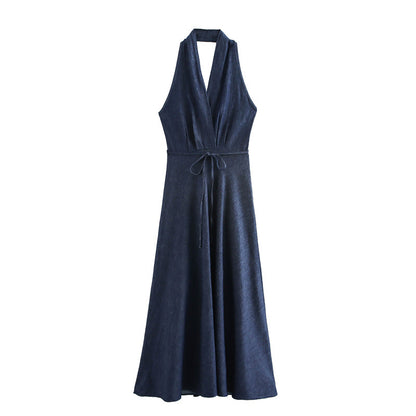 Priviett - Hanging neck collar long denim dress