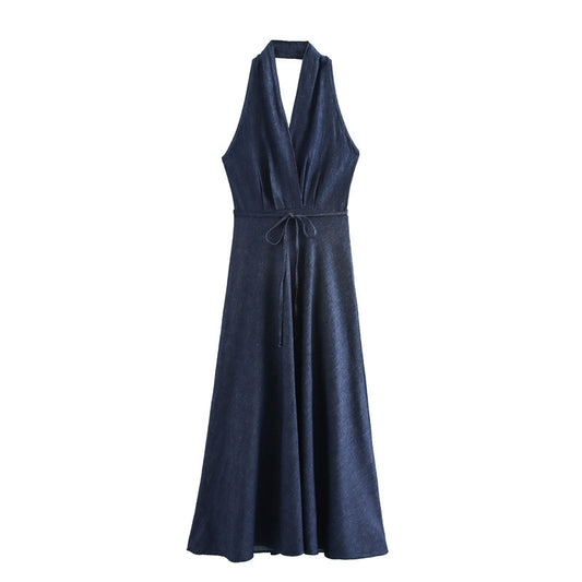 Priviett - Hanging neck collar long denim dress