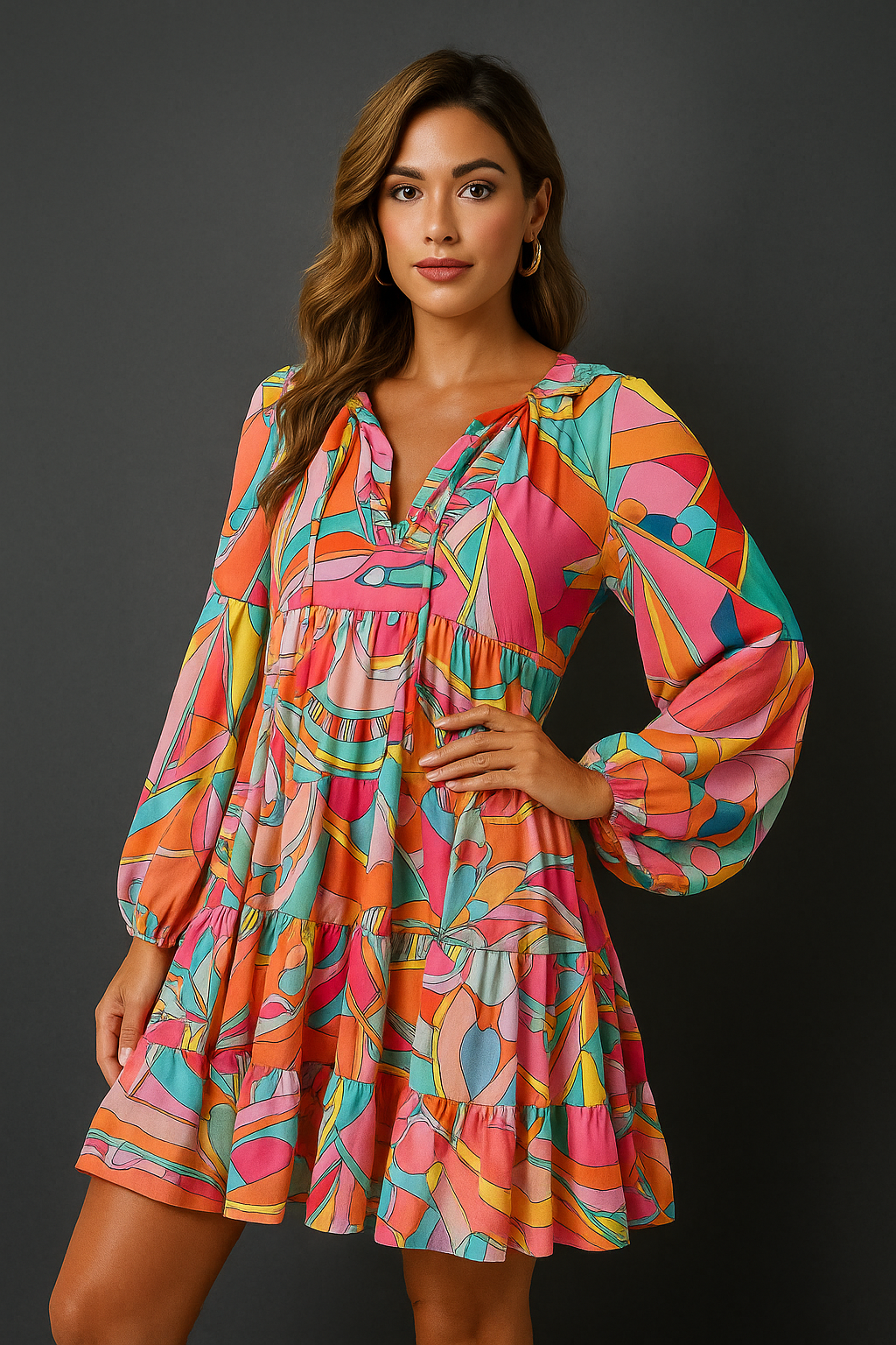 Priviett - Printed Long Sleeve Tie Neck Mini Dress