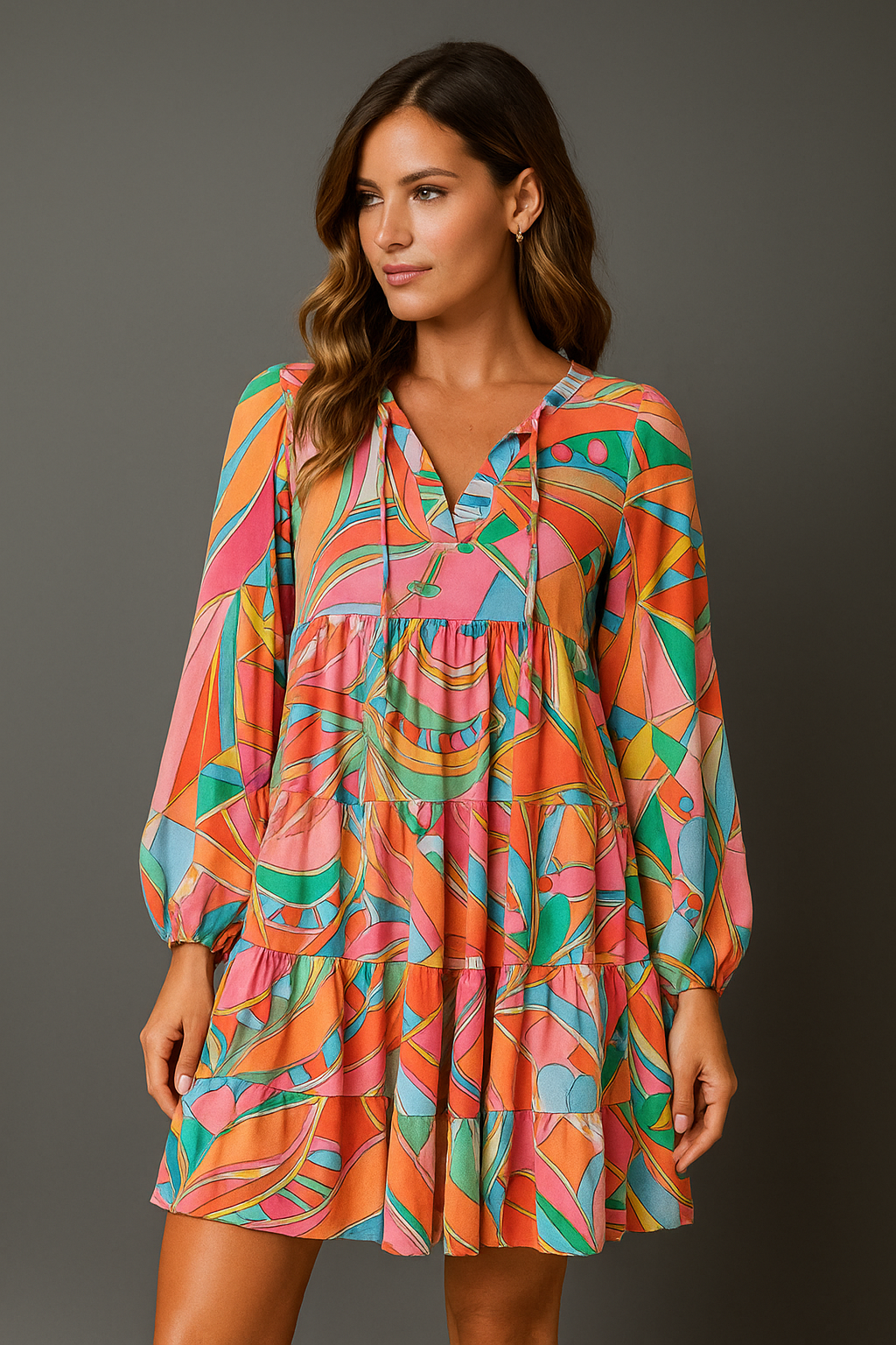 Priviett - Printed Long Sleeve Tie Neck Mini Dress