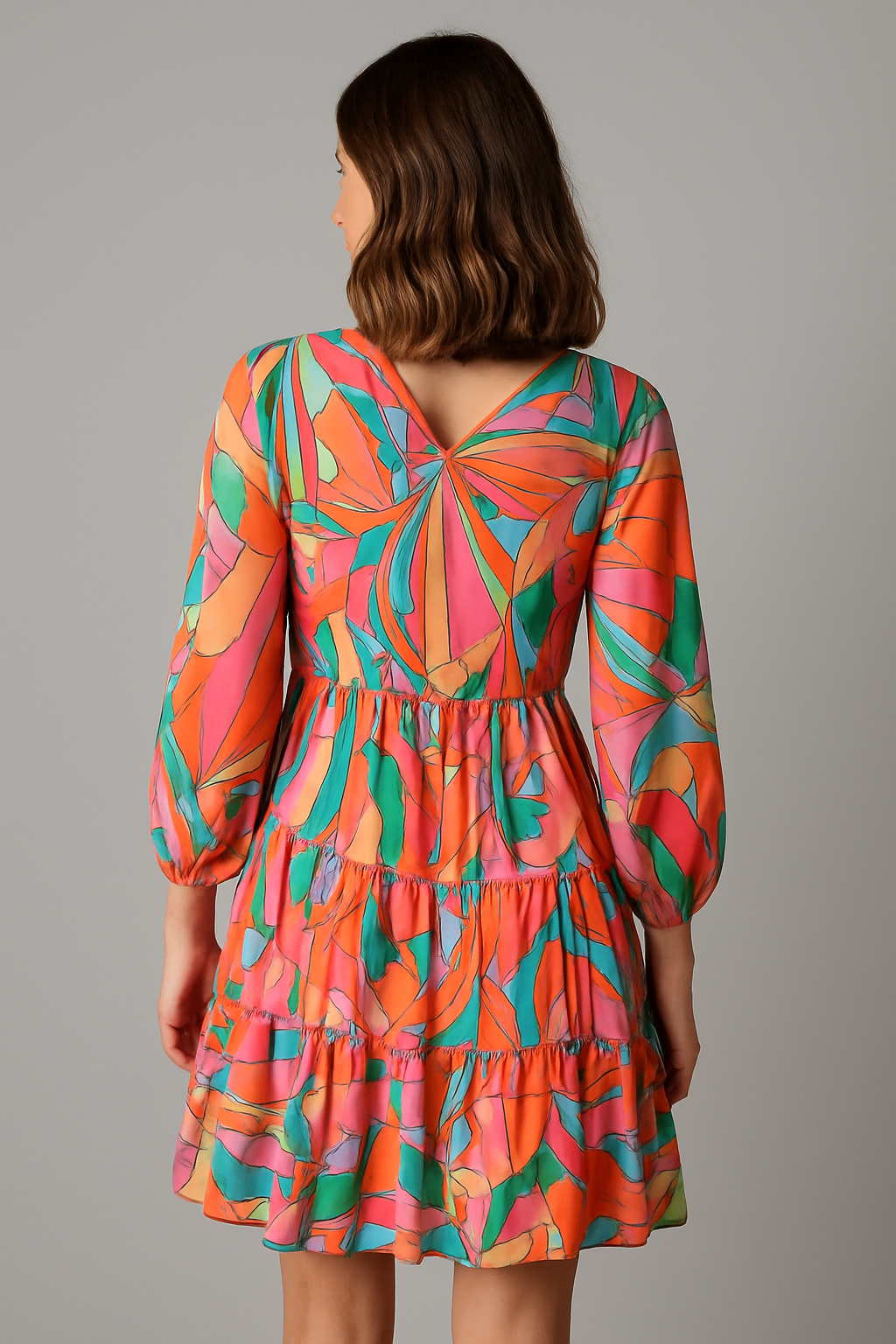 Priviett - Printed Long Sleeve Tie Neck Mini Dress