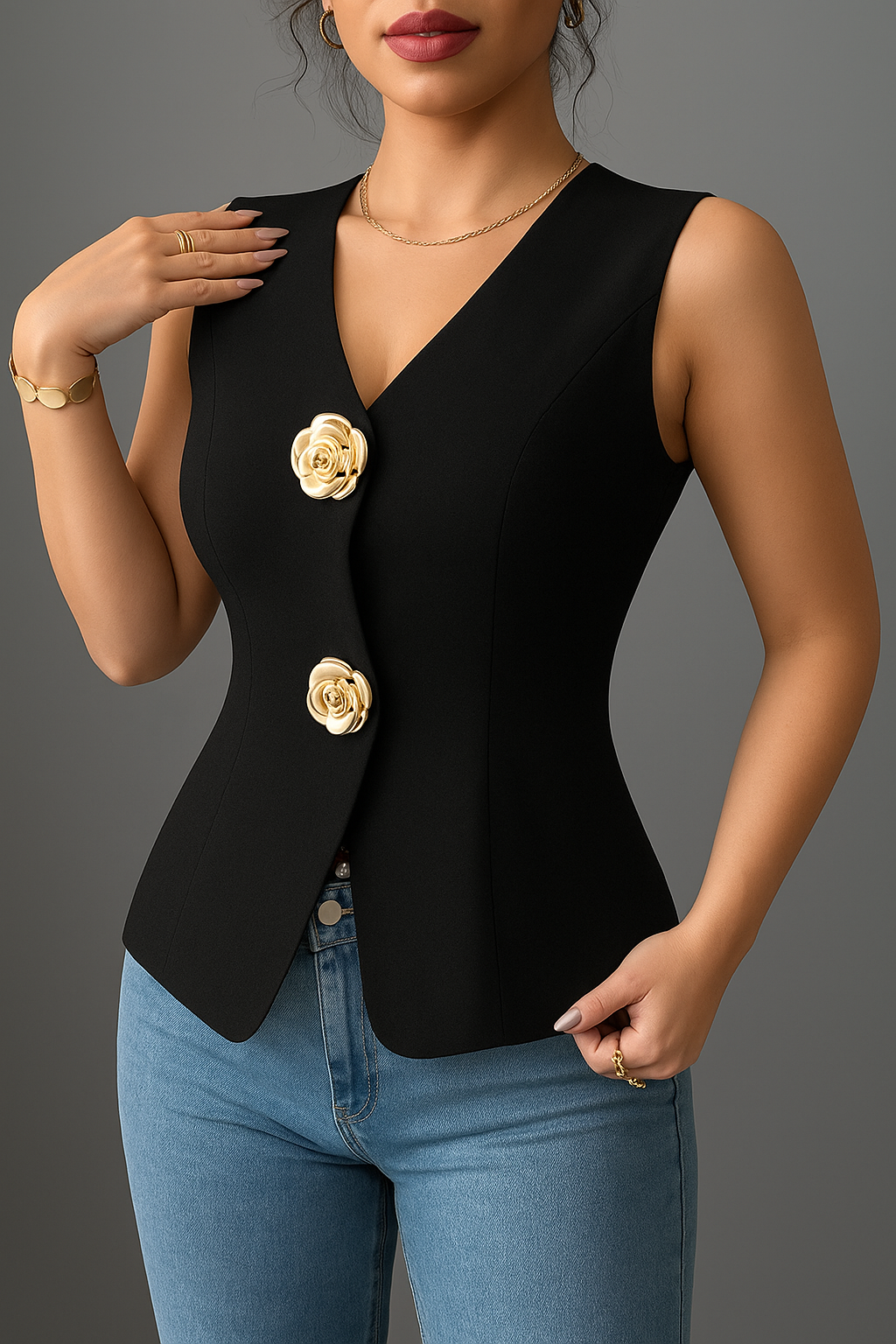 Priviett - V-Neck Button Detail Tank Top