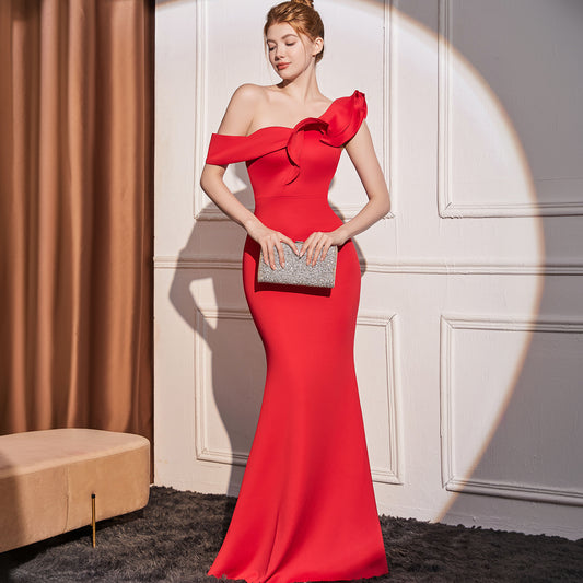 Priviett - Slant Shoulder Slimming Long Dress