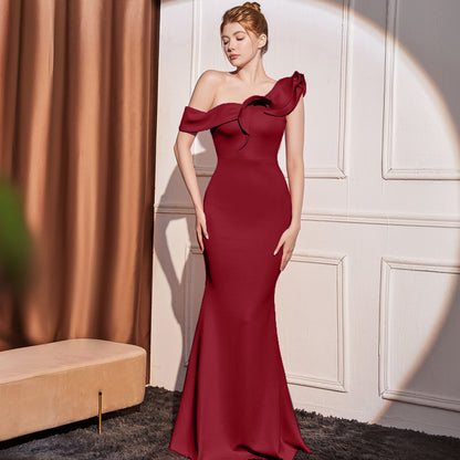 Priviett - Slant Shoulder Slimming Long Dress