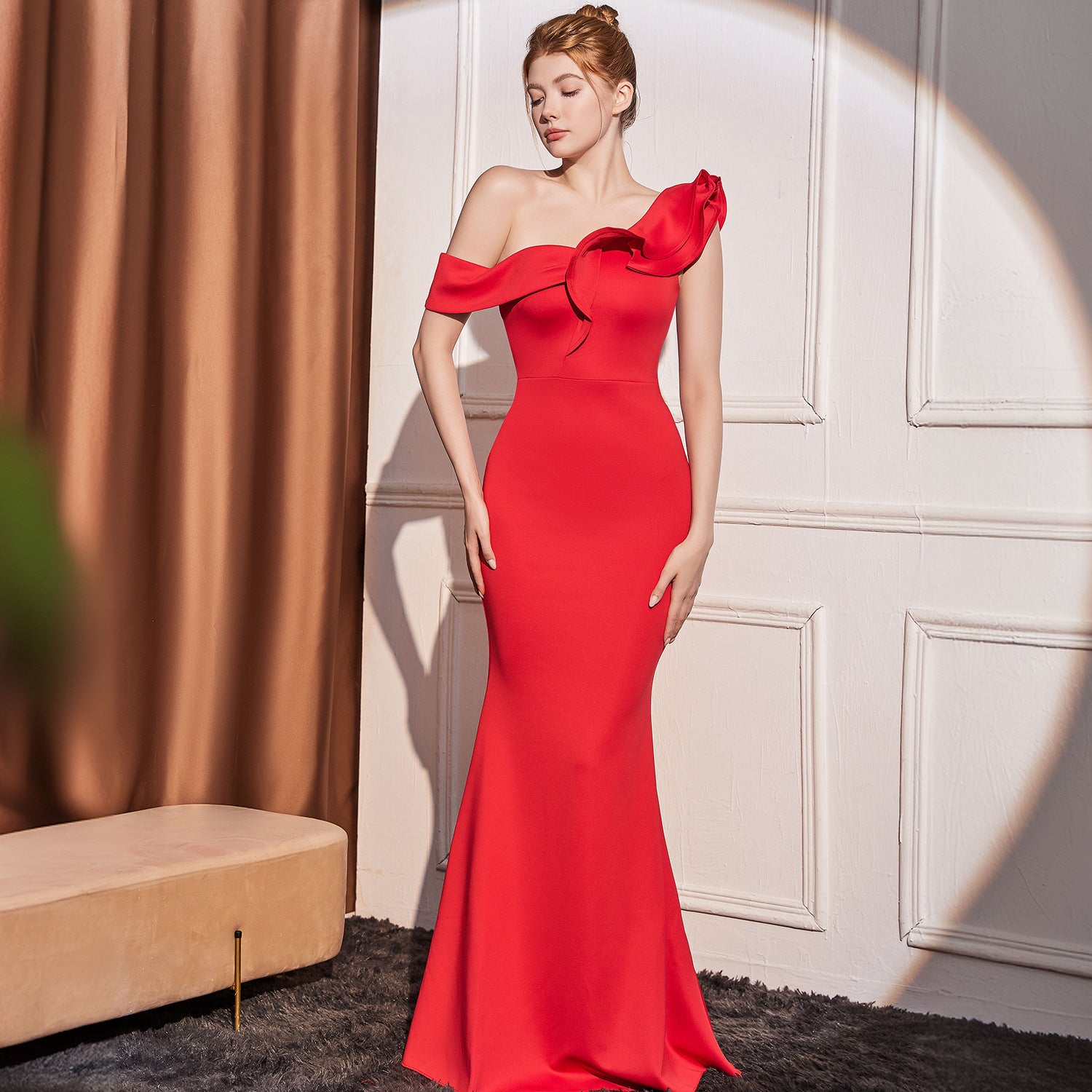 Priviett - Slant Shoulder Slimming Long Dress